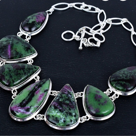 Ruby Zoisite Necklace! Handmade Gemstones and 925 Stamped Sterling Silver! - Picture 6 of 11